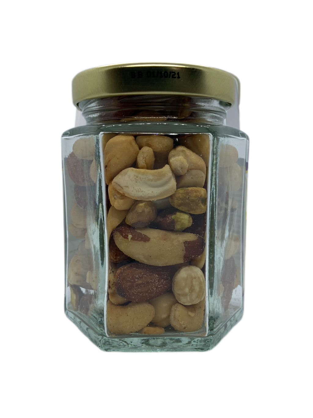 Salted Deluxe Nut Mix Hexagonal Jar.