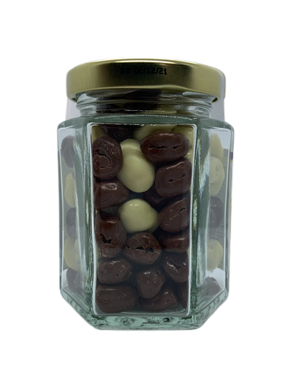 Belgian Chocolate Raisins Hexagonal Jar - The Dormen Food Company