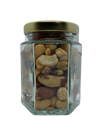 Salted Deluxe Nut Mix Hexagonal Jar.